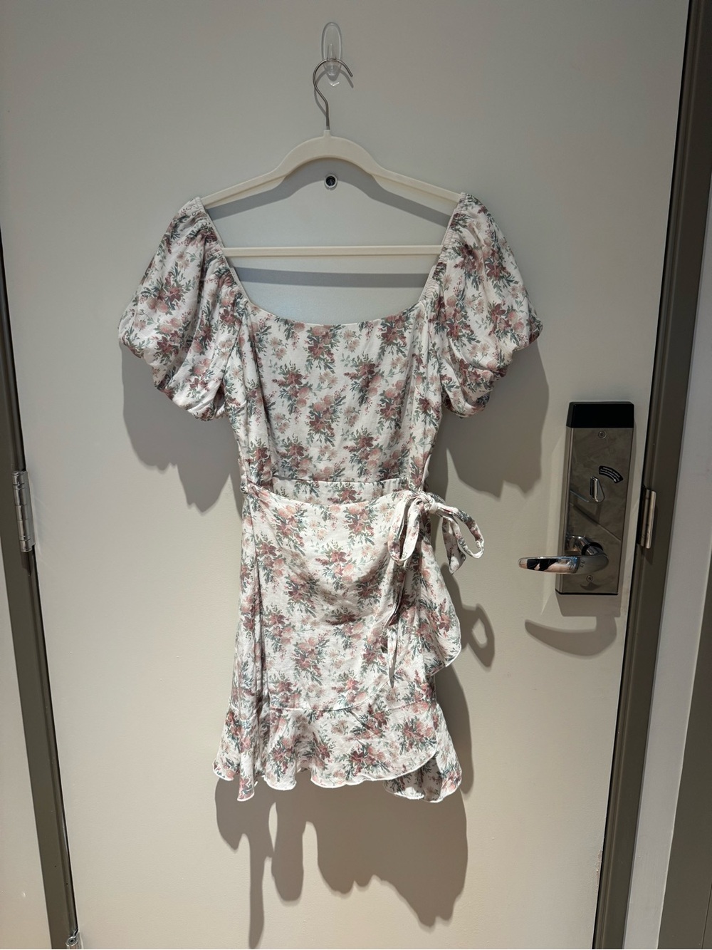 Trixxi White Floral Puff Sleeve Wrap Mini Dress